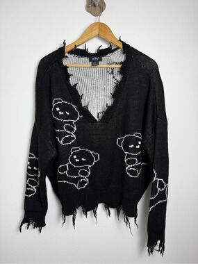 Just Polly Teddy Bear Distressed Knit Sweater XL Y2K Grunge